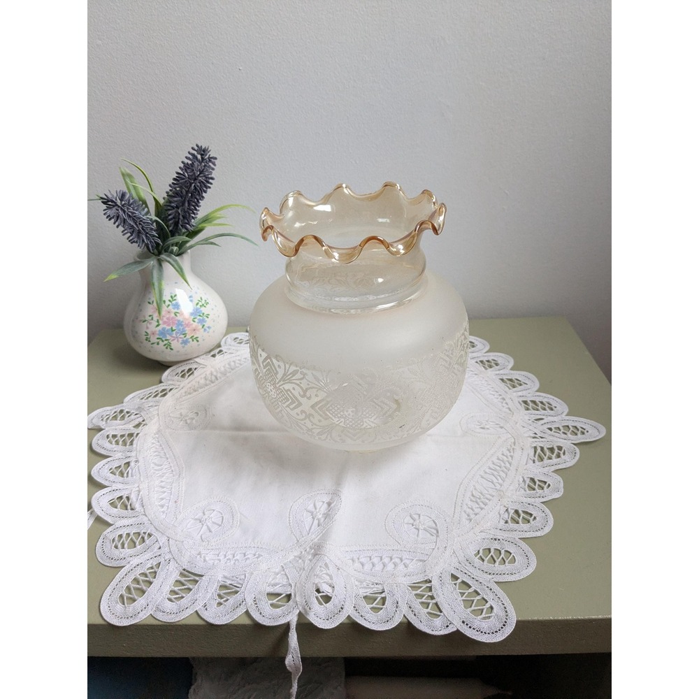 Vintage Frosted Glass Lamp Shade Replacement, Etched Floral Globe, Amber Ruffled